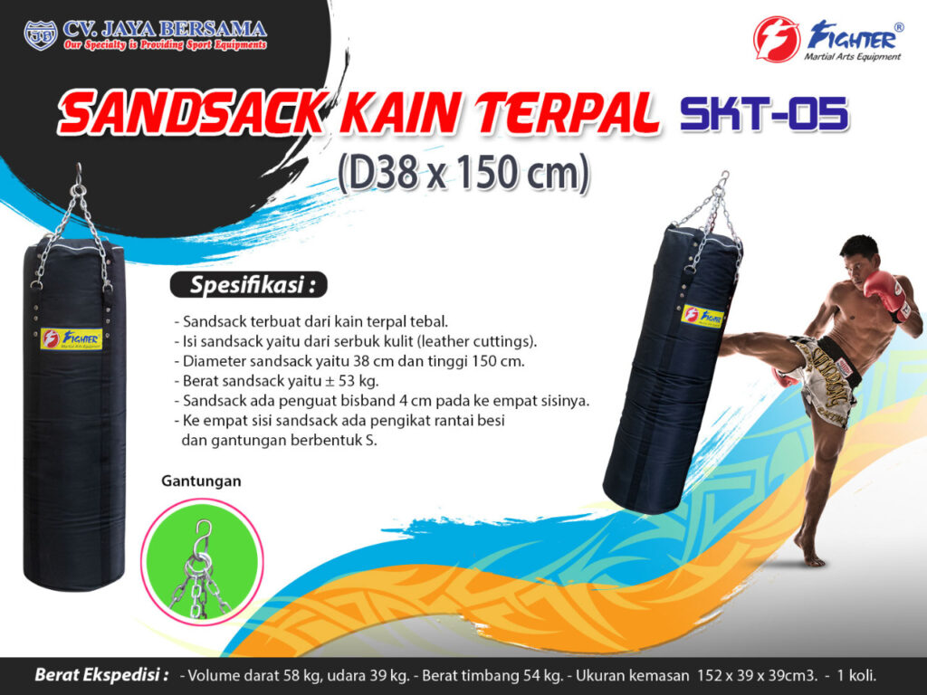 Spesifikasi Sandsack Kain Terpal SKT-05 (D38 x 150cm) merek Fighter sebagai berikut : Sandsack terbuat dari kain terpal tebal. Isi sandsack